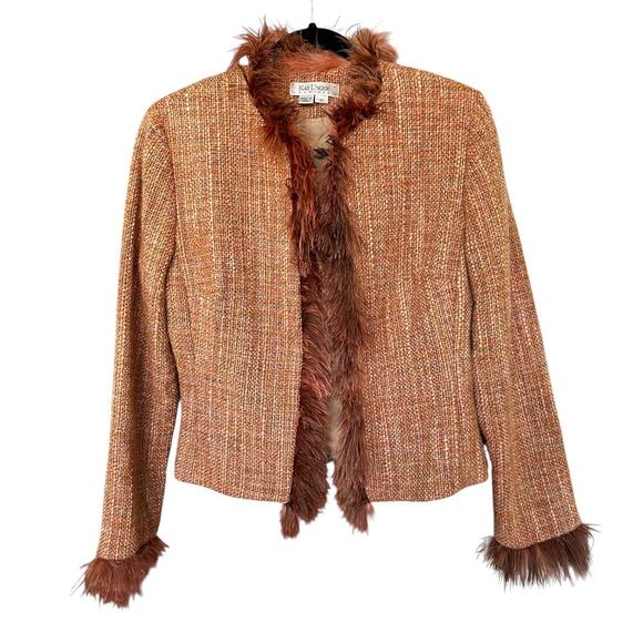 Kay Unger Women's Stunning Orange Tweed Blazer with Ostrich Feather Trim Size 10 - Picture 2 of 9